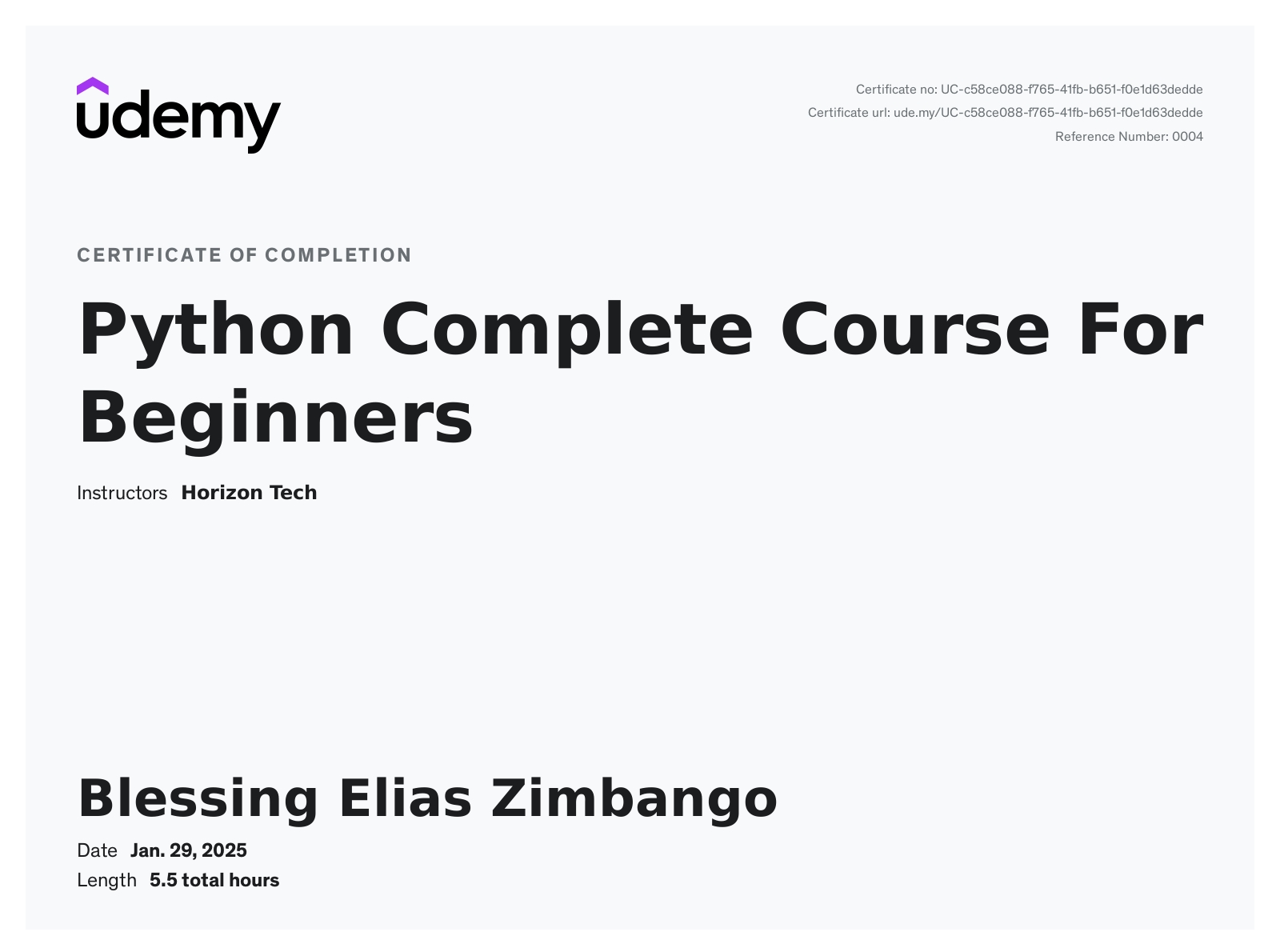 Certificate : Python Beginner Complete Course